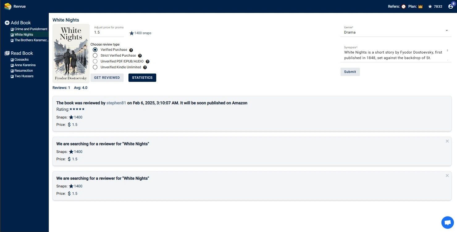 Revvue dashboard showing how to get book reviews for self-published authors