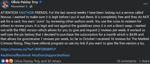 Author testimonial about Revvue book reviews
